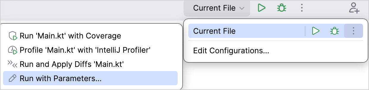 Selecting Run with Parameters from the More Actions menu for a run configuration in IntelliJ IDEA