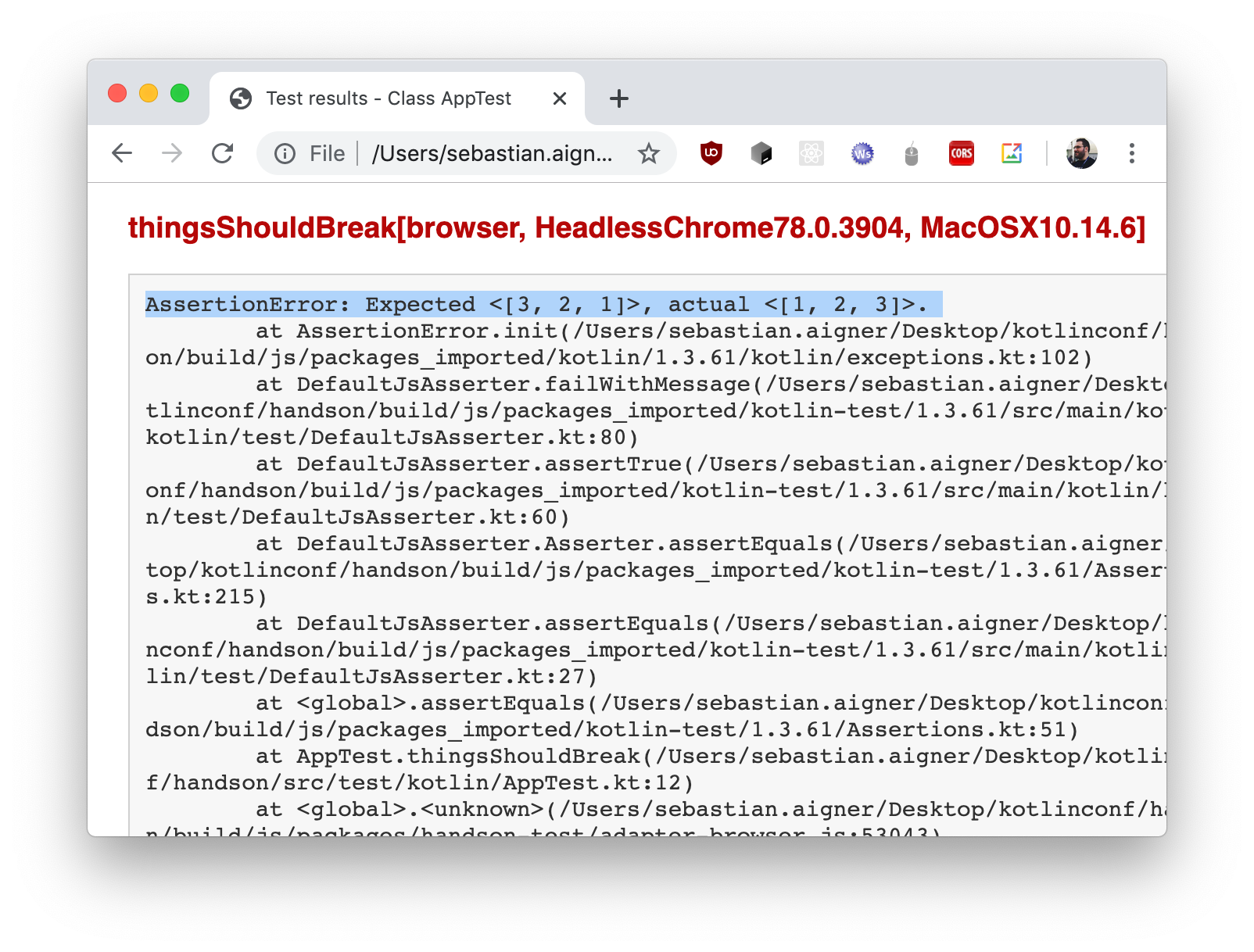 Stacktrace of failed test in the Gradle summary