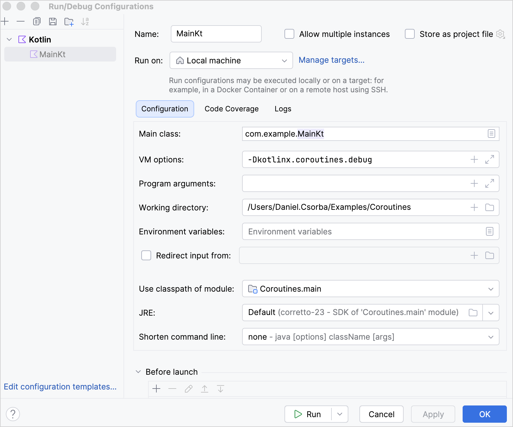 Adding the -Dkotlinx.coroutines.debug option to a run/debug configuration in IntelliJ IDEA