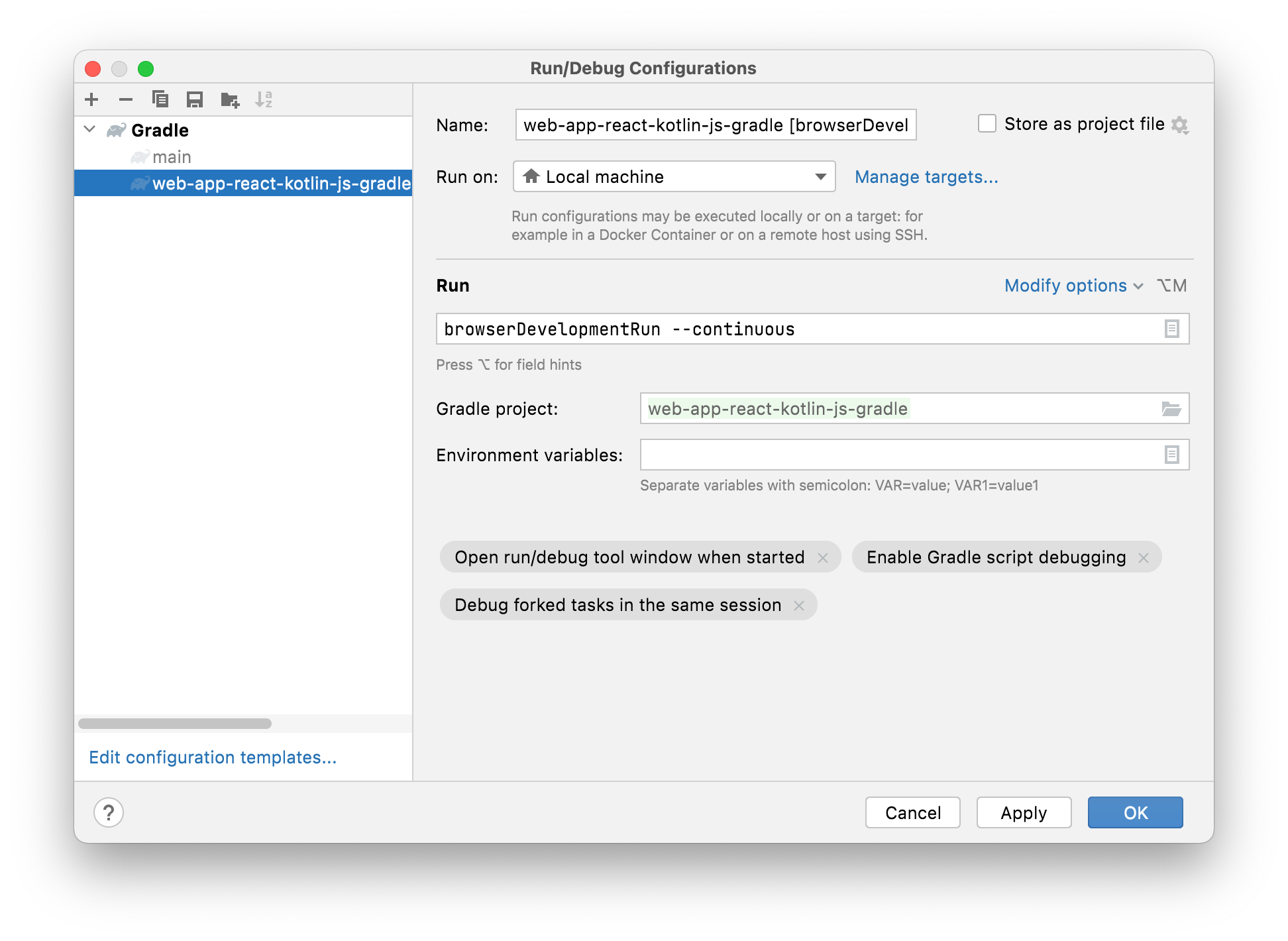 Adding the continuous flag to a run configuration in IntelliJ IDEA