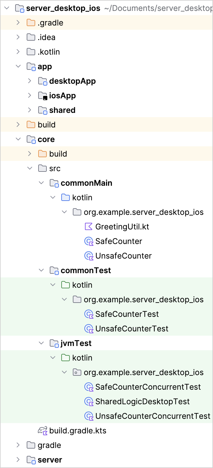 A screenshot of the project file structure for the server, desktop, and iOS platforms. A screenshot of the project file structure for the server, desktop, and iOS platforms.