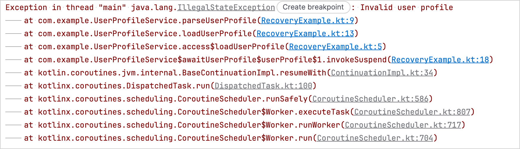 Exception stack trace without stack frames from the receiving coroutine
