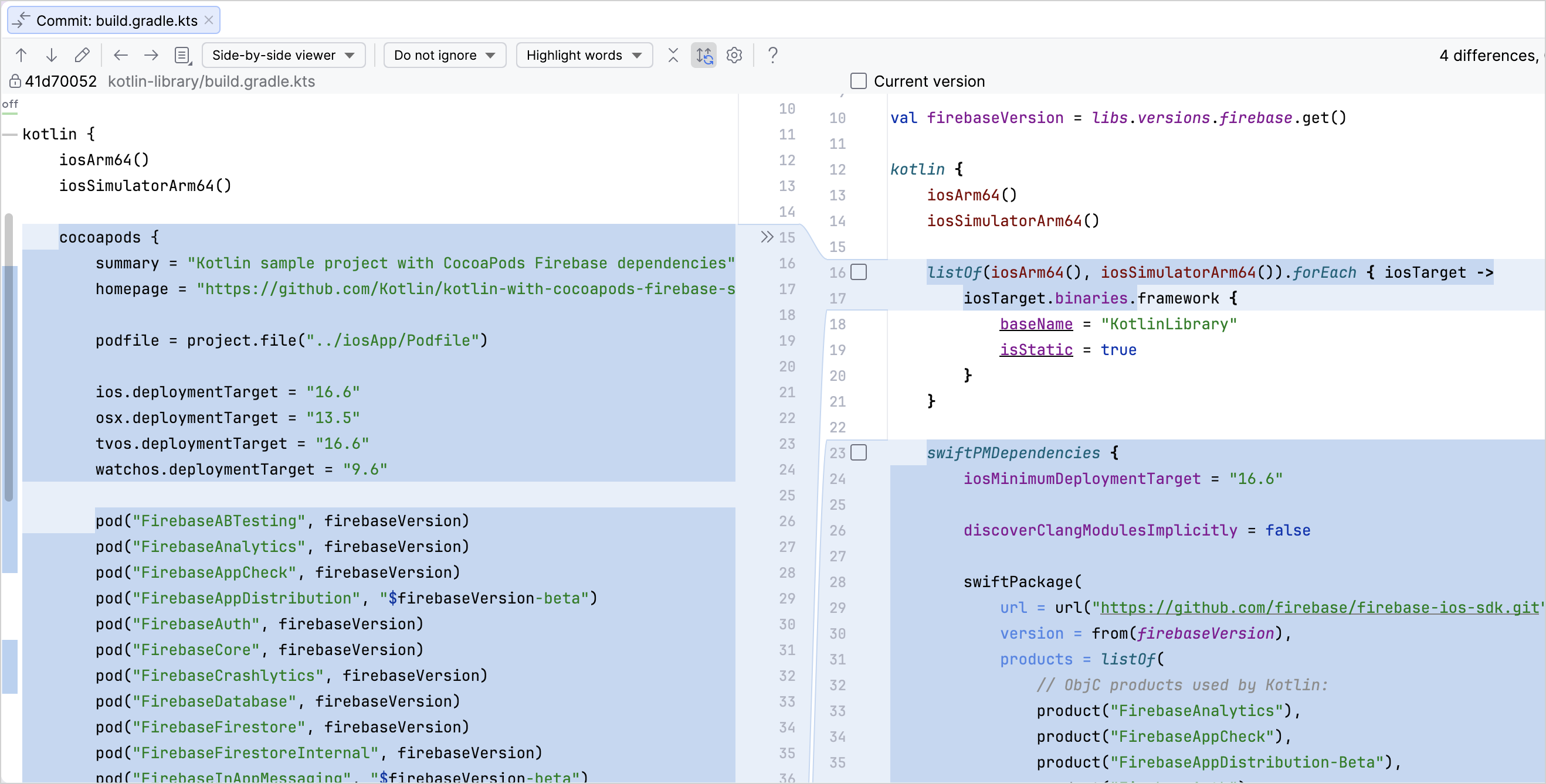 Side-by-side diff of changes made to the CocoaPods-dependent code