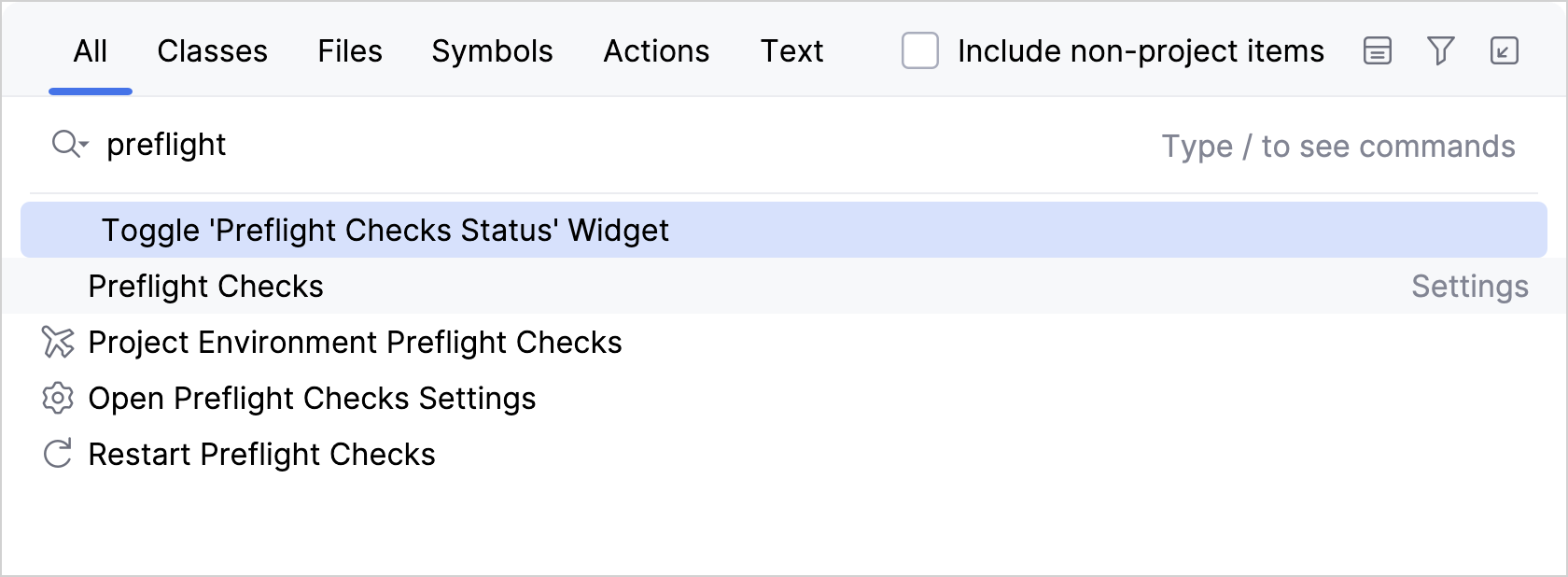The Search Everywhere menu with the word "preflight" entered