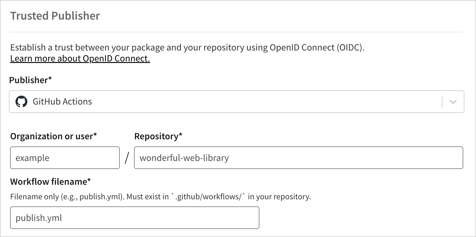 npm Trusted Publisher setup for GitHub Actions