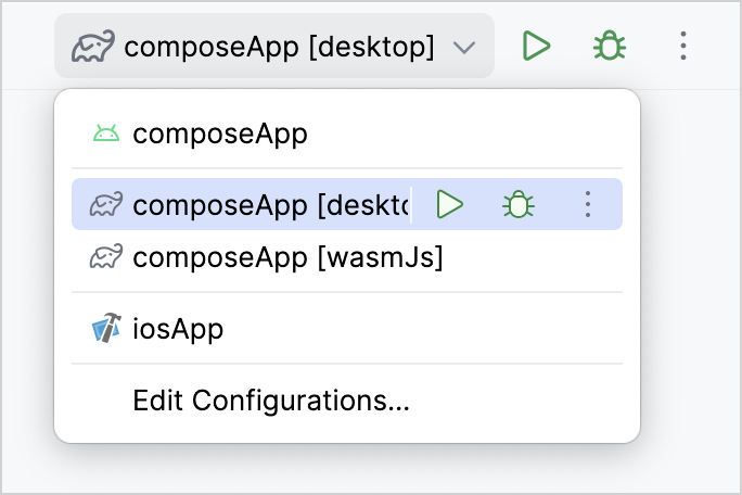 Dropdown with the default desktop run configuration highlighted