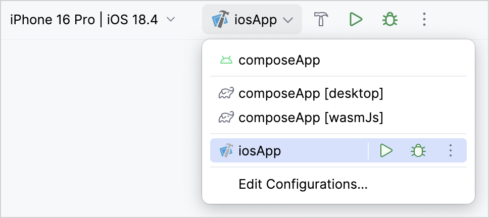 Dropdown with the iOS run configuration highlighted