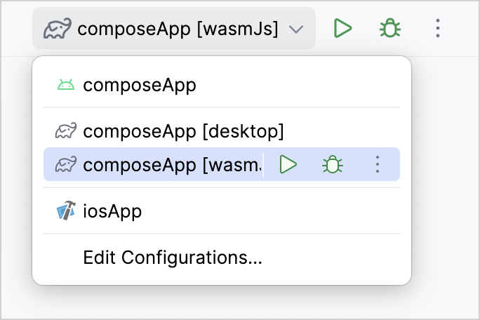 Dropdown with the default Wasm run configuration highlighted